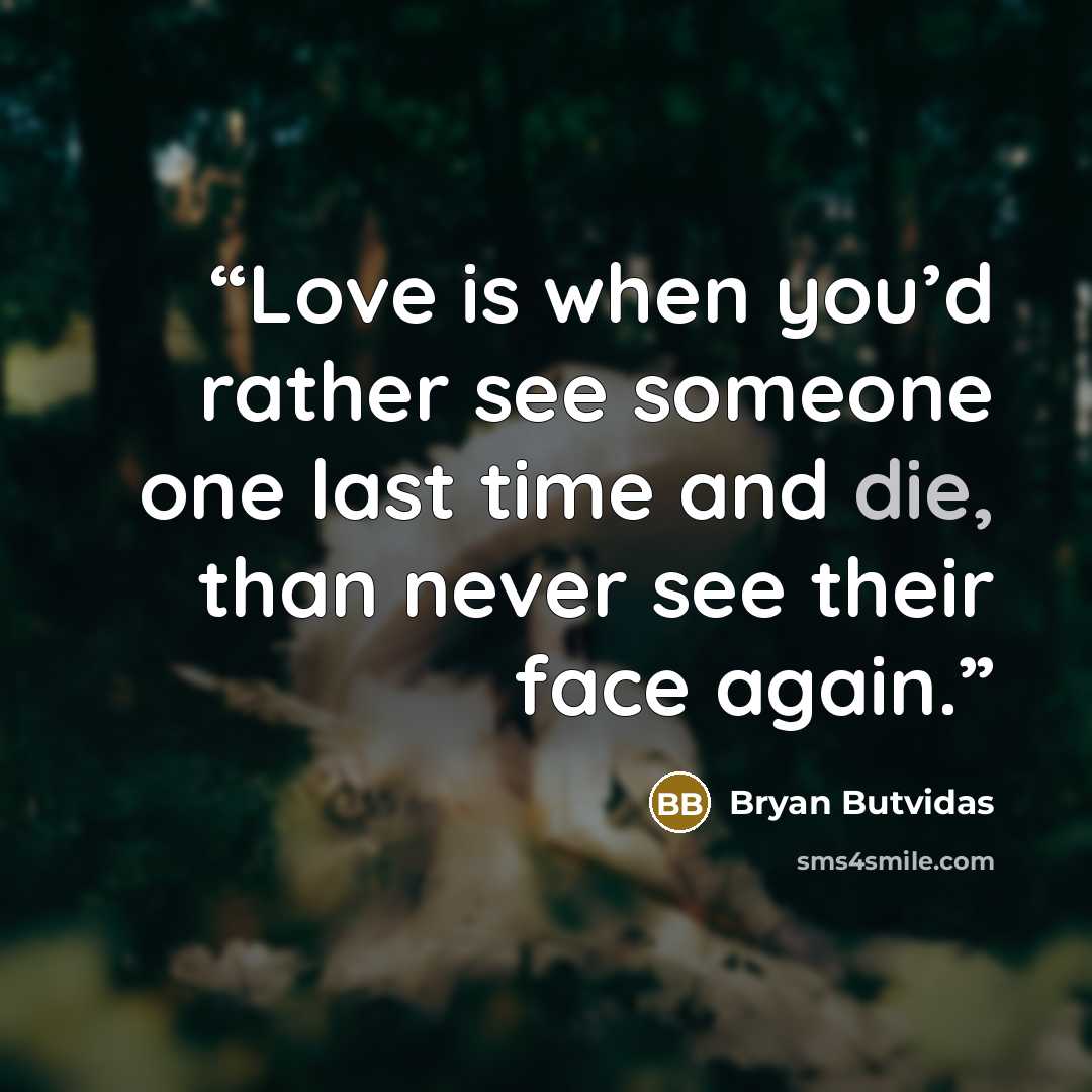 “Love is when you’d rather see someone one last time and die, than never see their face again.” quote by Bryan Butvidas