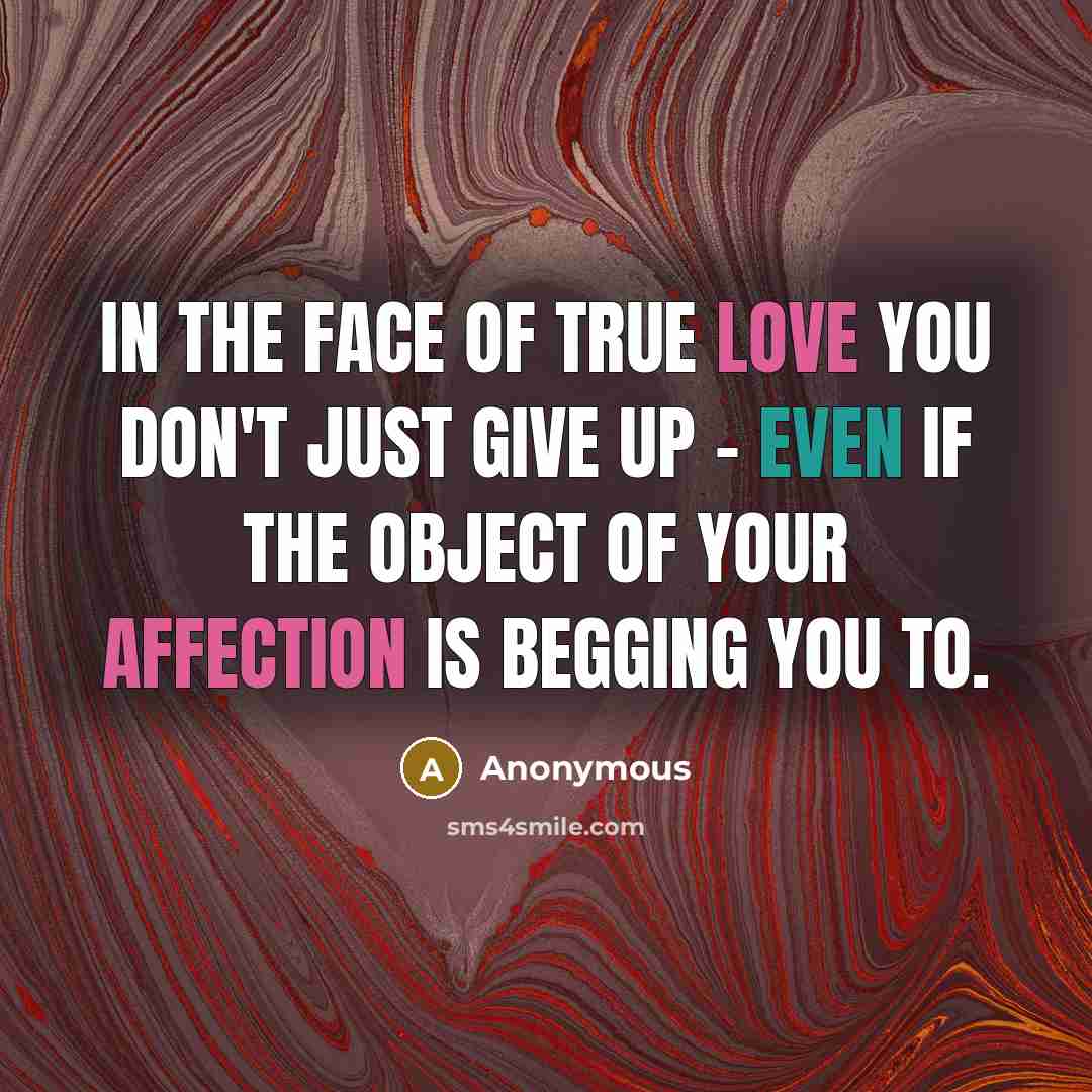 “In the face of true love you don't just give up - even if the object of your affection is begging you to.” quote by Anonymous