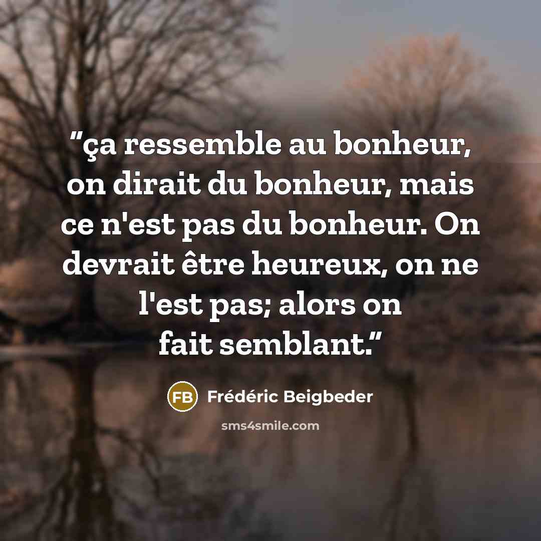 “ça ressemble au bonheur, on dirait du bonheur, mais ce n'est pas du bonheur. On devrait être heureux, on ne l'est pas; alors on fait semblant.” quote by Frédéric Beigbeder