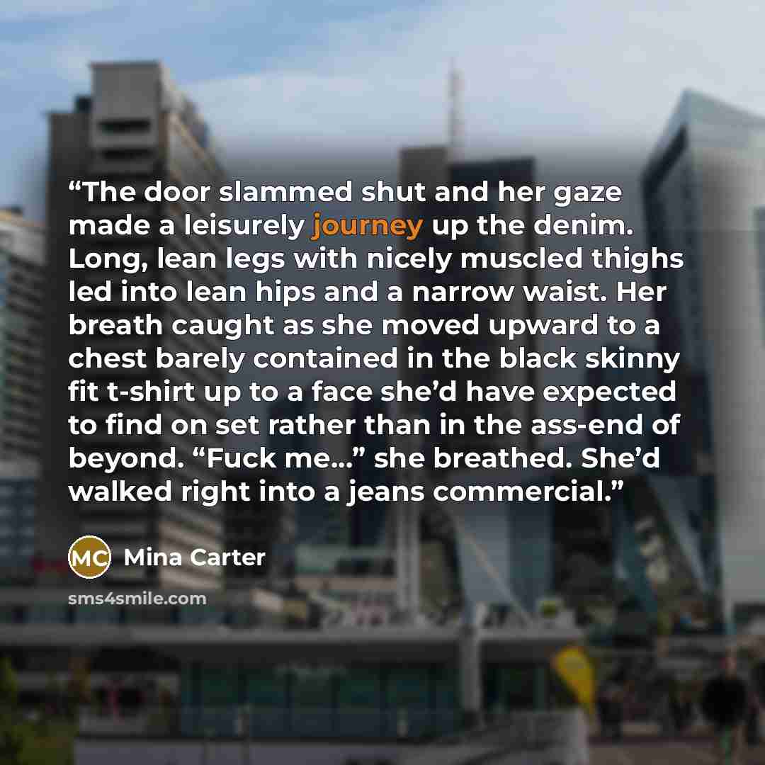 “The door slammed shut and her gaze made a leisurely journey up the denim. Long, lean legs with nicely muscled thighs led into lean hips and a narrow waist. Her breath caught as she moved upward to a chest barely contained in the black skinny fit t-shirt up to a face she’d have expected to find on…” quote by Mina Carter