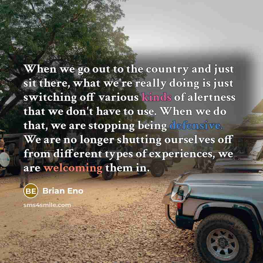 “When we go out to the country and just sit there, what we're really doing is just switching off various kinds of alertness that we don't have to use. When we do that, we are stopping being defensive. We are no longer shutting ourselves off from different types of experiences, we are welcoming them…” quote by Brian Eno