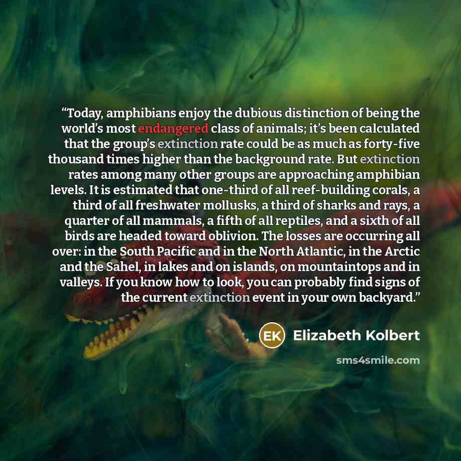“Today, amphibians enjoy the dubious distinction of being the world’s most endangered class of animals; it’s been calculated that the group’s extinction rate could be as much as forty-five thousand times higher than the background rate. But extinction rates among many other groups are approaching…” quote by Elizabeth Kolbert