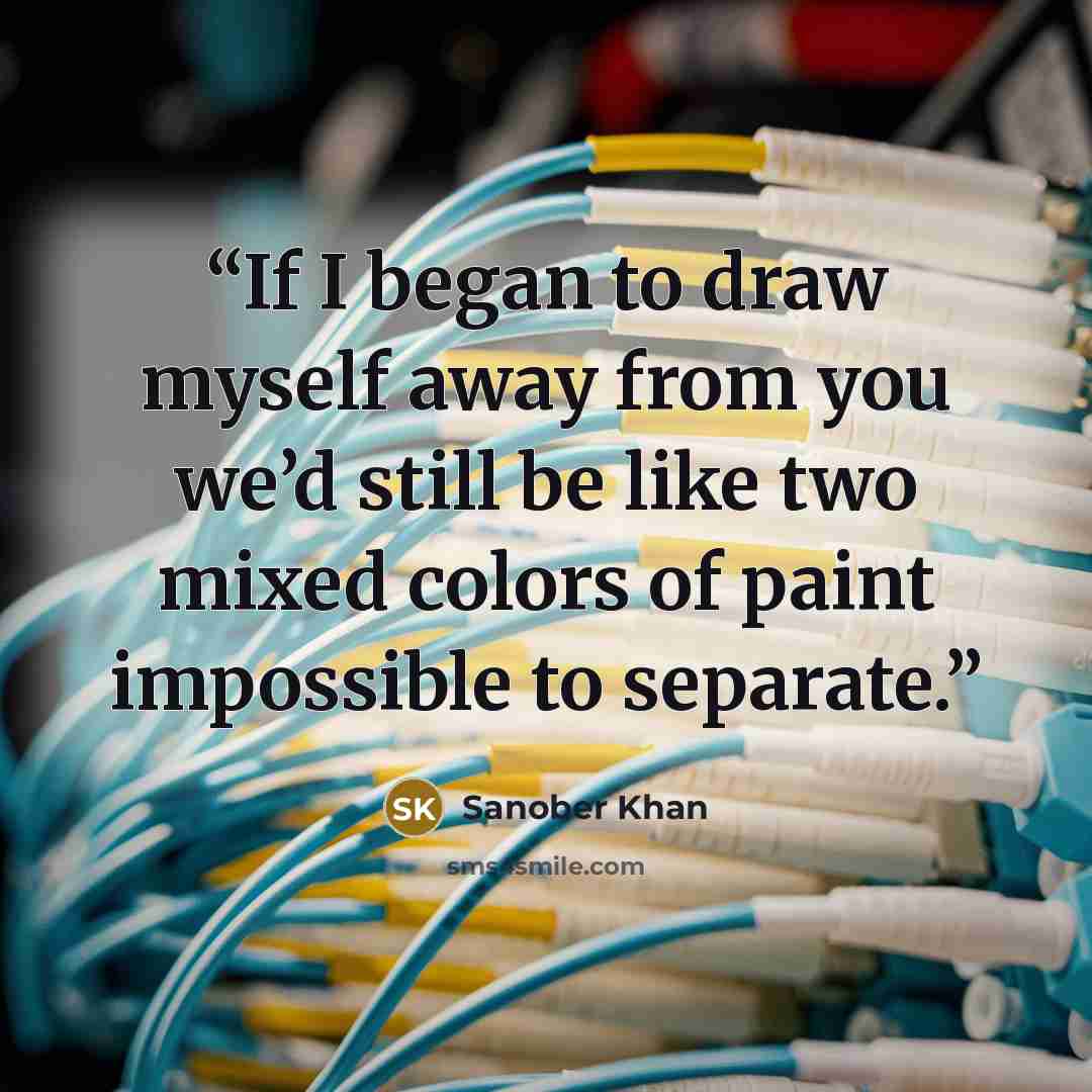 “If I began to draw myself away from you we’d still be like two mixed colors of paint impossible to separate.” quote by Sanober Khan