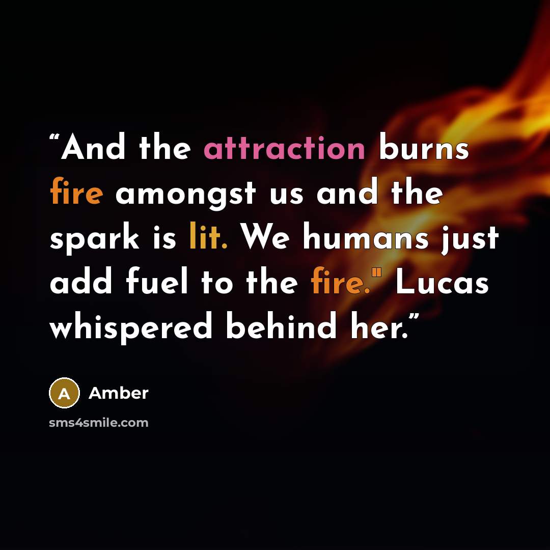 “And the attraction burns fire amongst us and the spark is lit. We humans just add fuel to the fire." Lucas whispered behind her.” quote by Amber