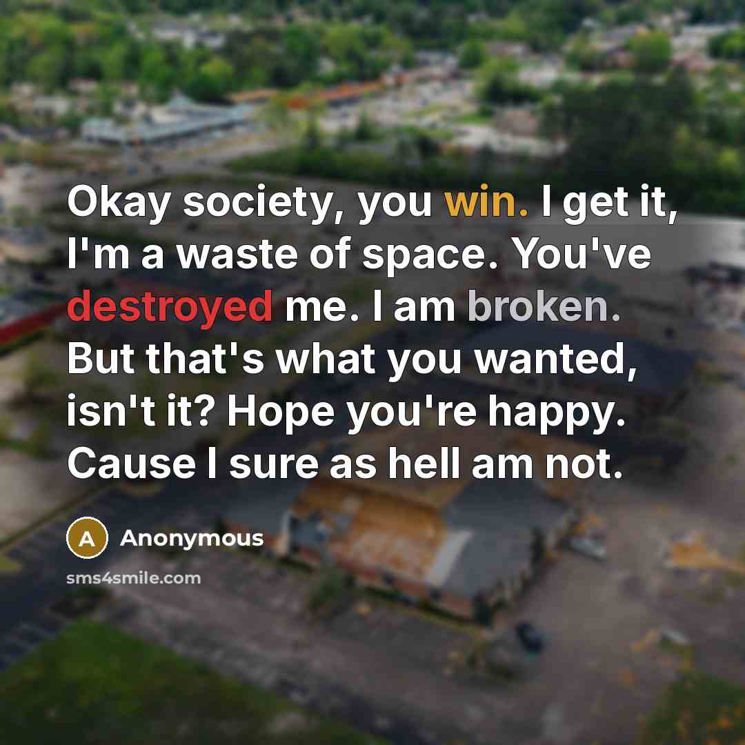 “Okay society, you win. I get it, I'm a waste of space. You've destroyed me. I am broken. But that's what you wanted, isn't it? Hope you're happy. Cause I sure as hell am not.” quote by Anonymous