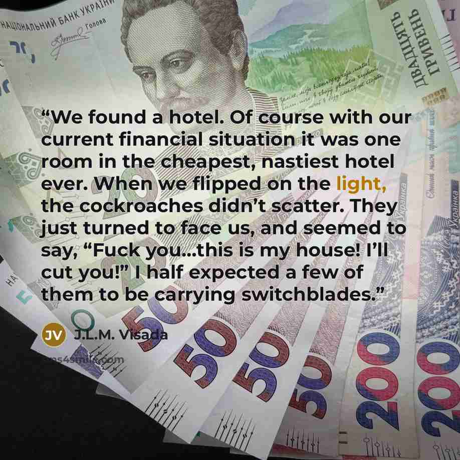 “We found a hotel. Of course with our current financial situation it was one room in the cheapest, nastiest hotel ever. When we flipped on the light, the cockroaches didn’t scatter. They just turned to face us, and seemed to say, “Fuck you…this is my house! I’ll cut you!” I half expected a few of…” quote by J.L.M. Visada