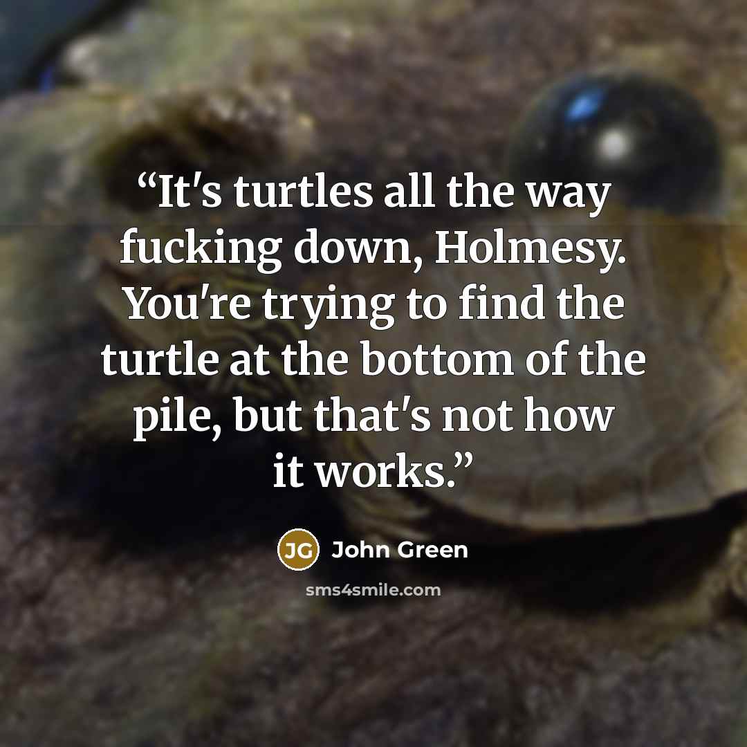 “It's turtles all the way fucking down, Holmesy. You're trying to find the turtle at the bottom of the pile, but that's not how it works.” quote by John Green