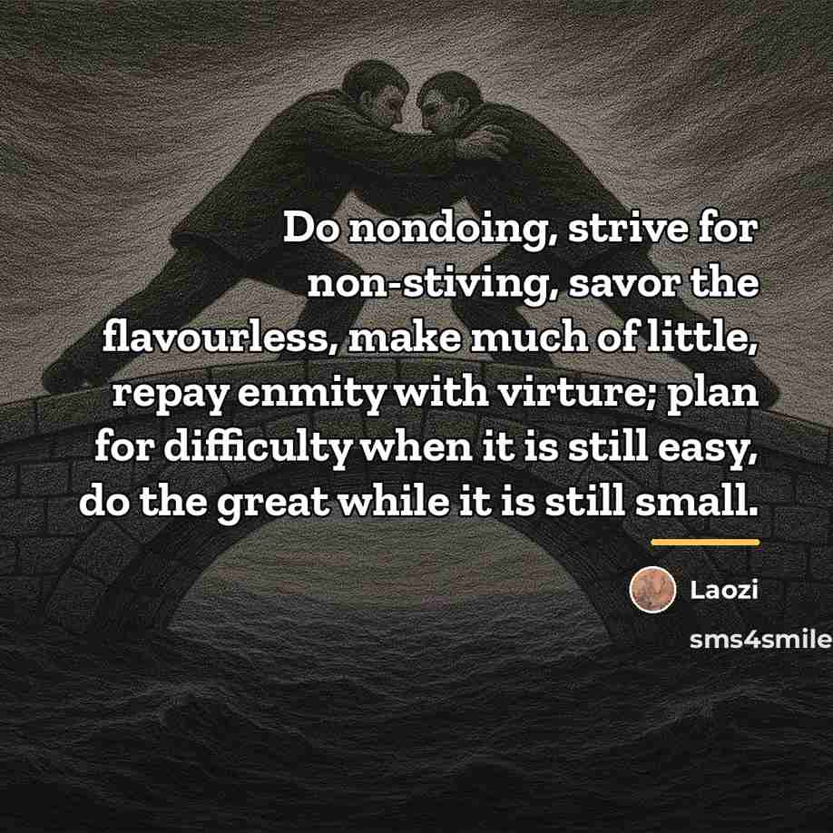 “Do nondoing, strive for non-stiving, savor the flavourless, make much…” quote by Laozi