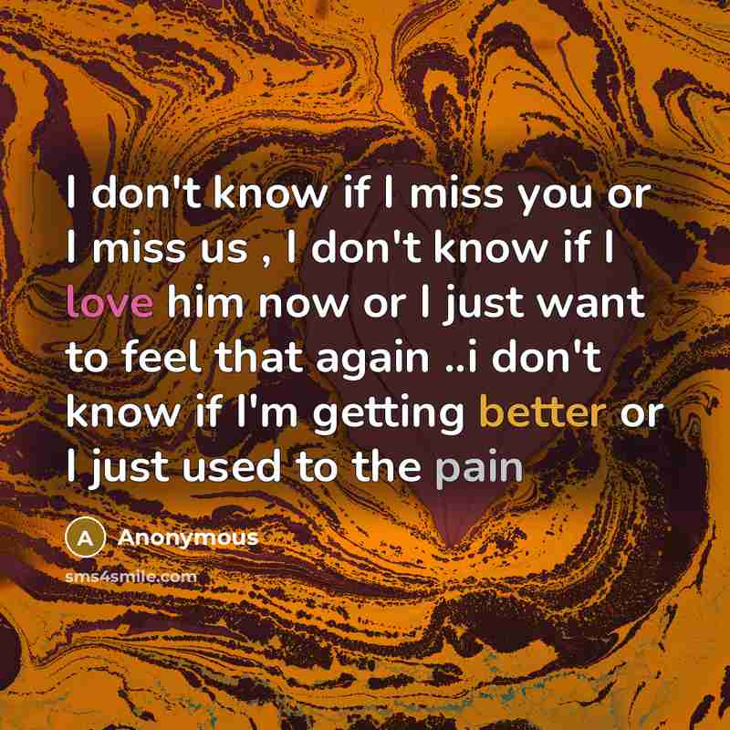 “I don't know if I miss you or I miss us , I don't know if I love him now or I just want to feel that again ..i don't know if I'm getting better or I just used to the pain” quote by Anonymous