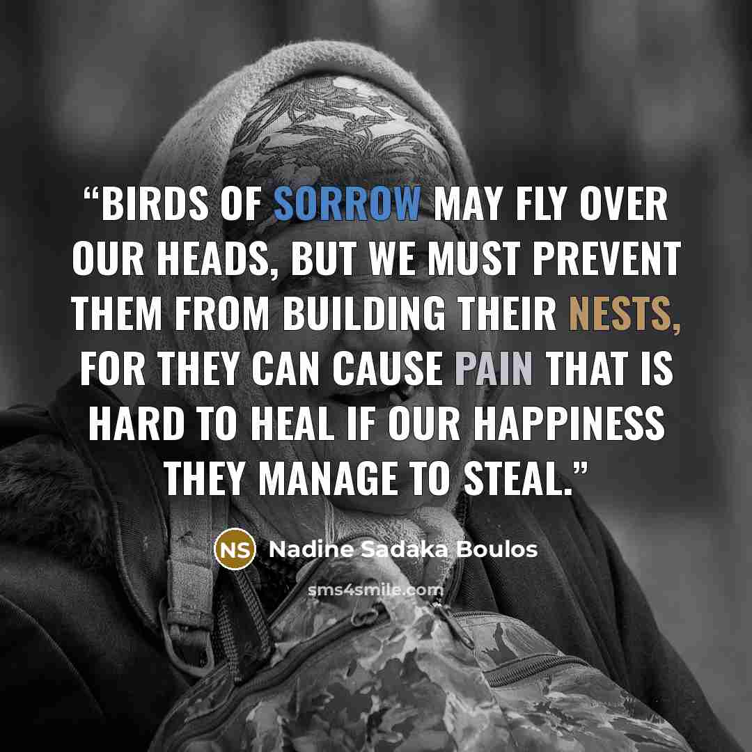 “Birds of sorrow may fly over our heads, But we must prevent them from building their nests, For they can cause pain that is hard to heal If our happiness they manage to steal.” quote by Nadine Sadaka Boulos