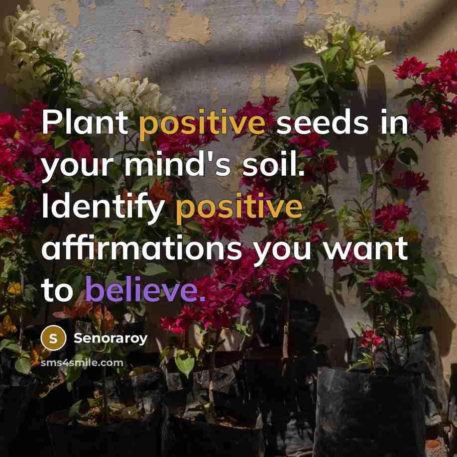 “Plant positive seeds in your mind's soil. Identify positive affirmations…” quote by Senoraroy