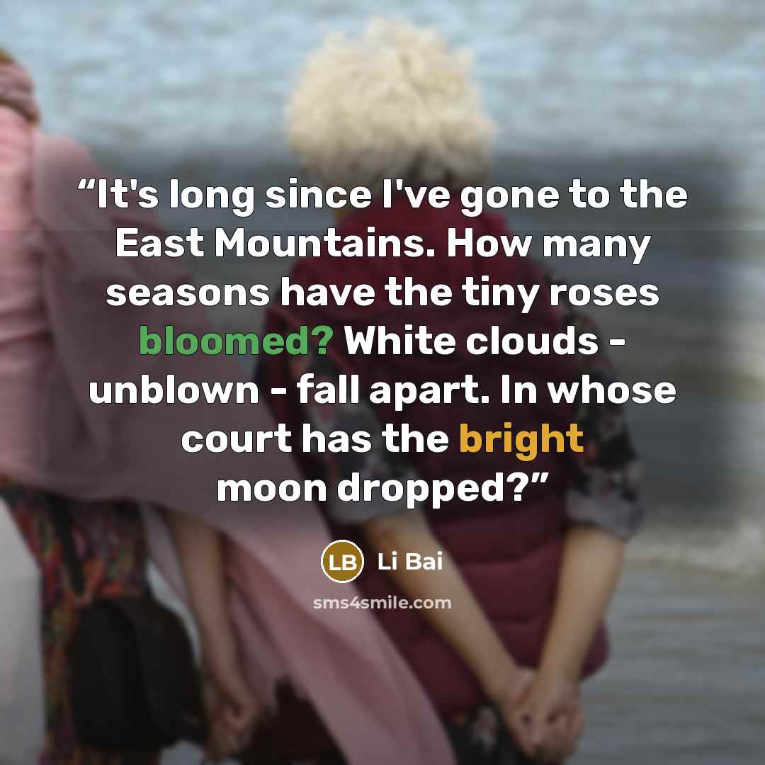 “It's long since I've gone to the East Mountains. How many seasons have the tiny roses bloomed? White clouds - unblown - fall apart. In whose court has the bright moon dropped?” quote by Li Bai
