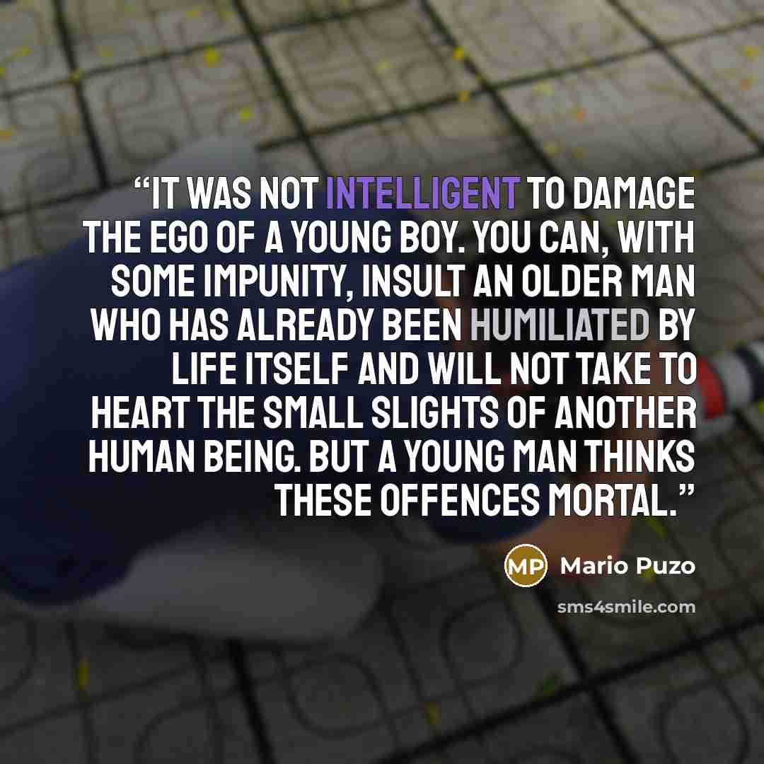 “It was not intelligent to damage the ego of a young boy. You can, with some impunity, insult an older man who has already been humiliated by life itself and will not take to heart the small slights of another human being. But a young man thinks these offences mortal.” quote by Mario Puzo