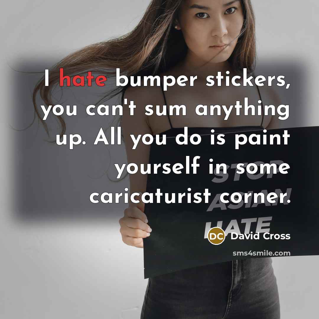 “I hate bumper stickers, you can't sum anything up. All…” quote by David Cross