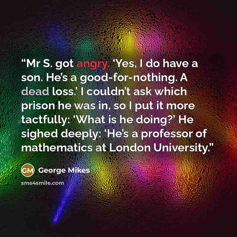 “Mr S. got angry. ‘Yes, I do have a son. He’s a good-for-nothing. A dead loss.’ I couldn’t ask which prison he was in, so I put it more tactfully: ‘What is he doing?’ He sighed deeply: ‘He’s a professor of mathematics at London University.” quote by George Mikes