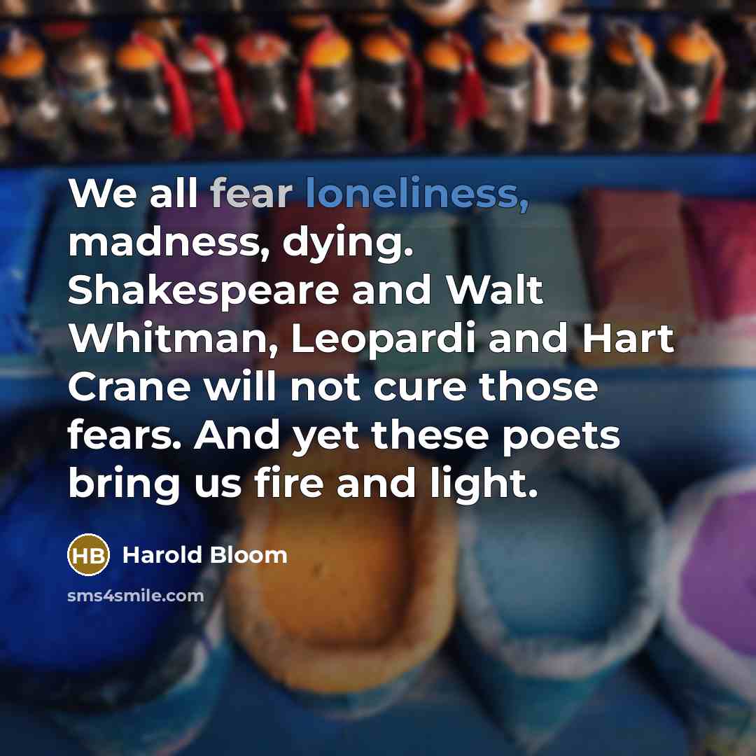 “We all fear loneliness, madness, dying. Shakespeare and Walt Whitman,…” quote by Harold Bloom