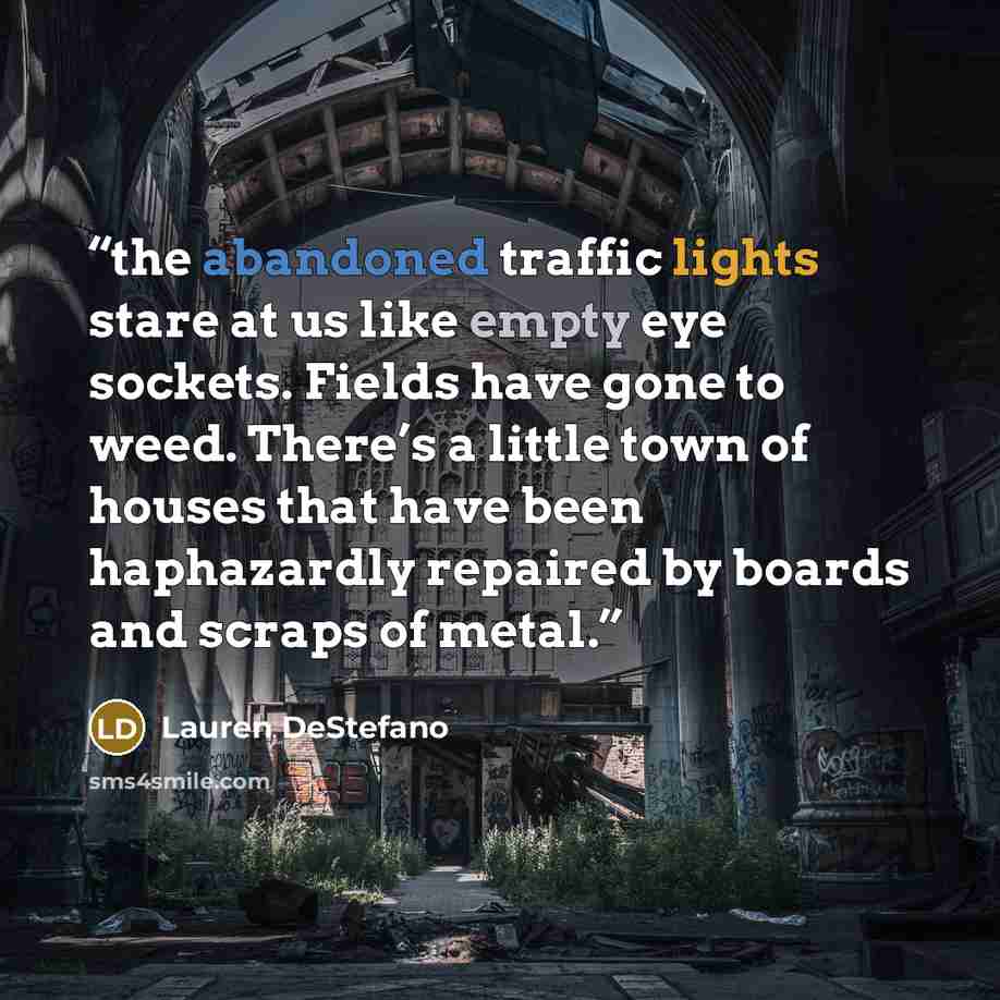 “the abandoned traffic lights stare at us like empty eye sockets. Fields have gone to weed. There’s a little town of houses that have been haphazardly repaired by boards and scraps of metal.” quote by Lauren DeStefano