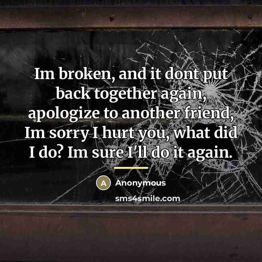 “Im broken, and it dont put back together again, apologize…” quote by Anonymous