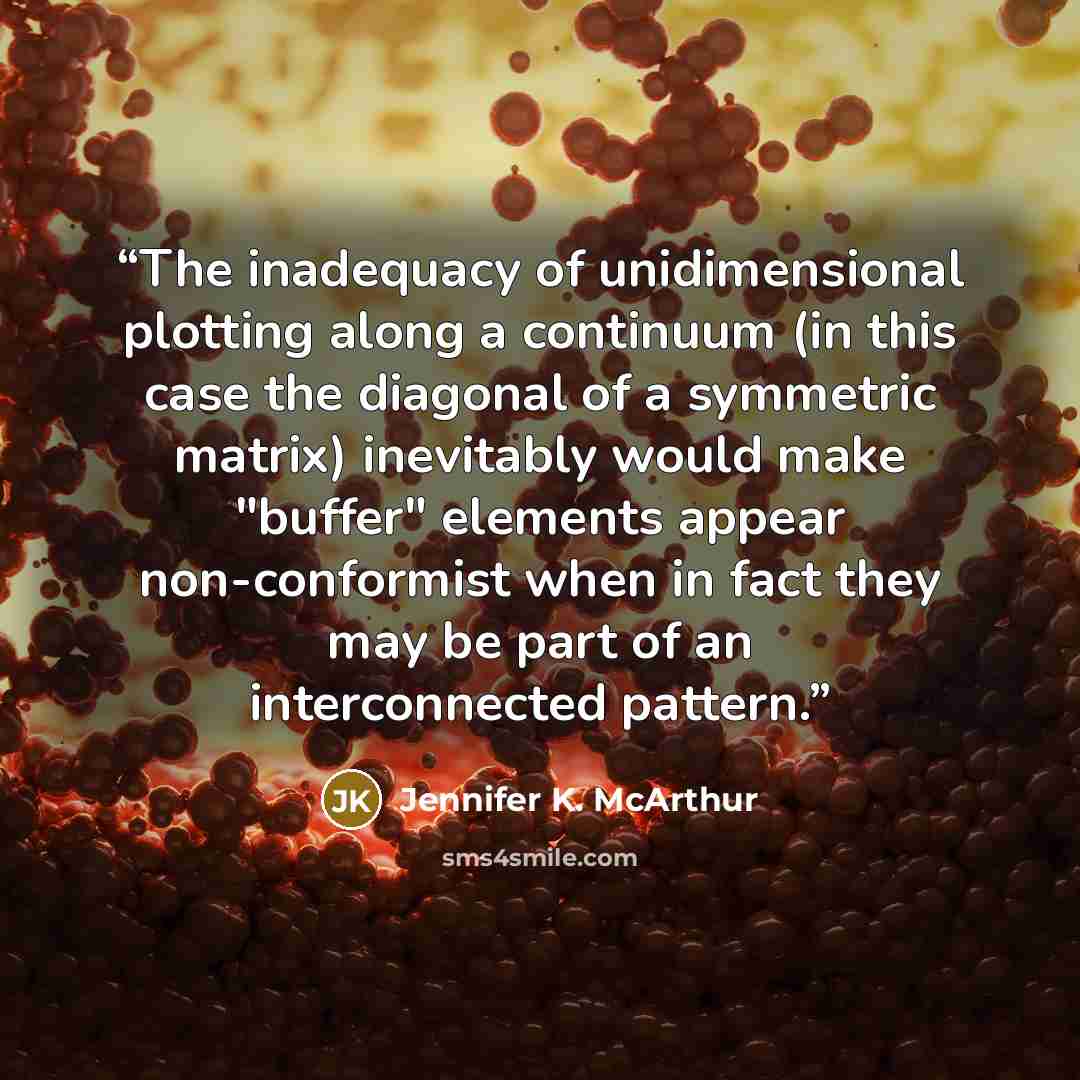 “The inadequacy of unidimensional plotting along a continuum (in this case the diagonal of a symmetric matrix) inevitably would make "buffer" elements appear non-conformist when in fact they may be part of an interconnected pattern.” quote by Jennifer K. McArthur