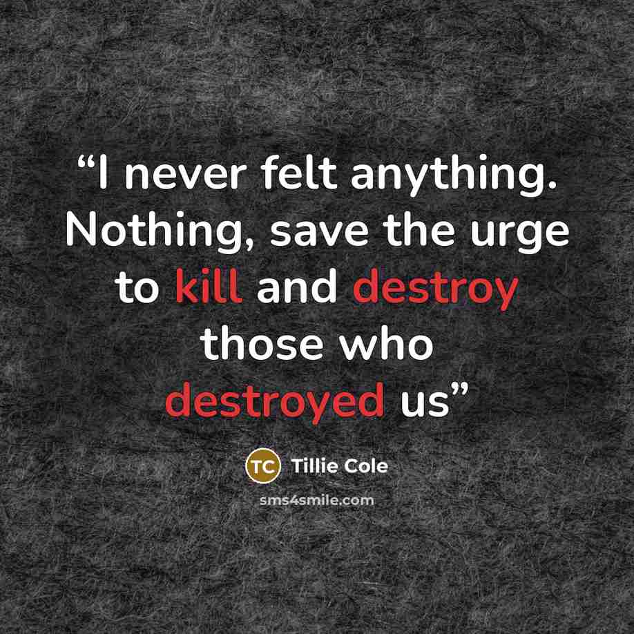 “I never felt anything. Nothing, save the urge to kill and destroy those who destroyed us” quote by Tillie Cole