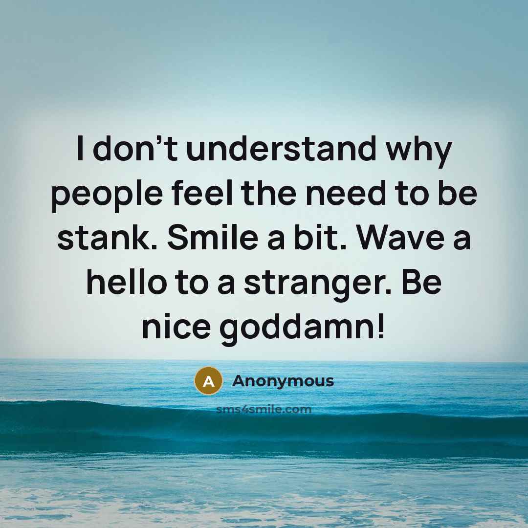 “I don't understand why people feel the need to be stank. Smile a bit. Wave a hello to a stranger. Be nice goddamn!” quote by Anonymous