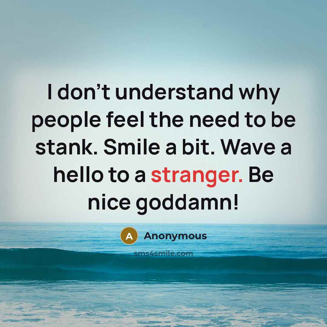 “I don't understand why people feel the need to be stank. Smile a bit. Wave a hello to a stranger. Be nice goddamn!” quote by Anonymous