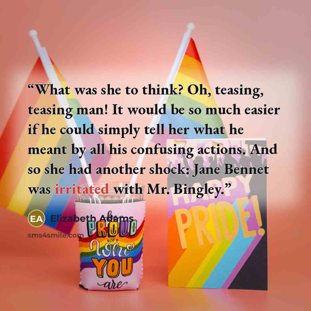 “What was she to think? Oh, teasing, teasing man! It would be so much easier if he could simply tell her what he meant by all his confusing actions. And so she had another shock: Jane Bennet was irritated with Mr. Bingley.” quote by Elizabeth Adams