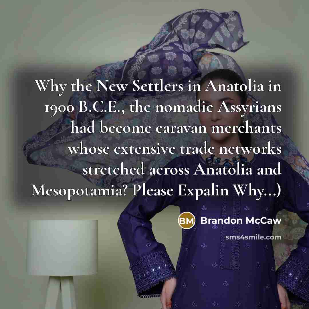 “Why the New Settlers in Anatolia in 1900 B.C.E., the nomadic Assyrians had become caravan merchants whose extensive trade networks stretched across Anatolia and Mesopotamia? Please Expalin Why...)” quote by Brandon McCaw