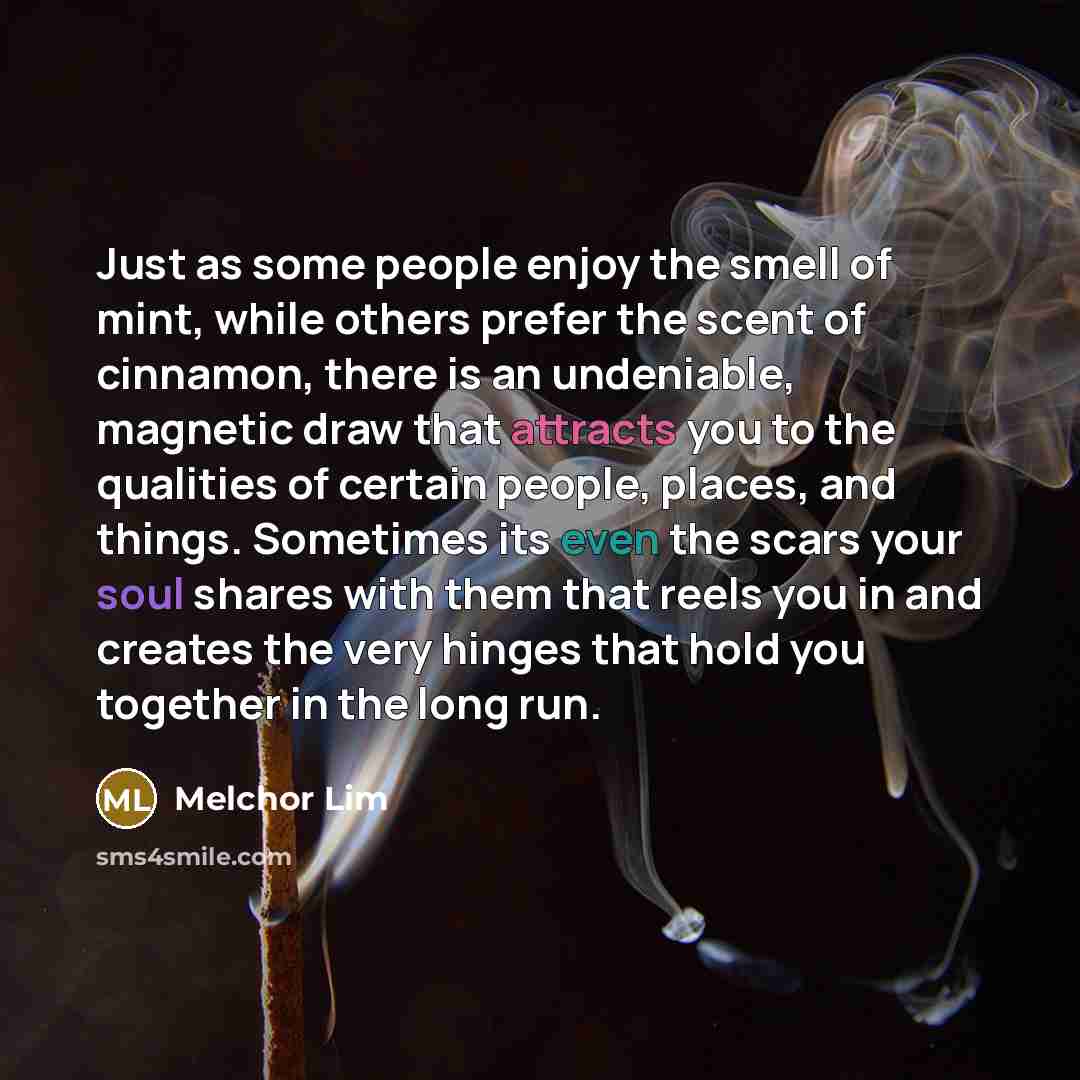 “Just as some people enjoy the smell of mint, while others prefer the scent of cinnamon, there is an undeniable, magnetic draw that attracts you to the qualities of certain people, places, and things. Sometimes its even the scars your soul shares with them that reels you in and creates the very…” quote by Melchor Lim