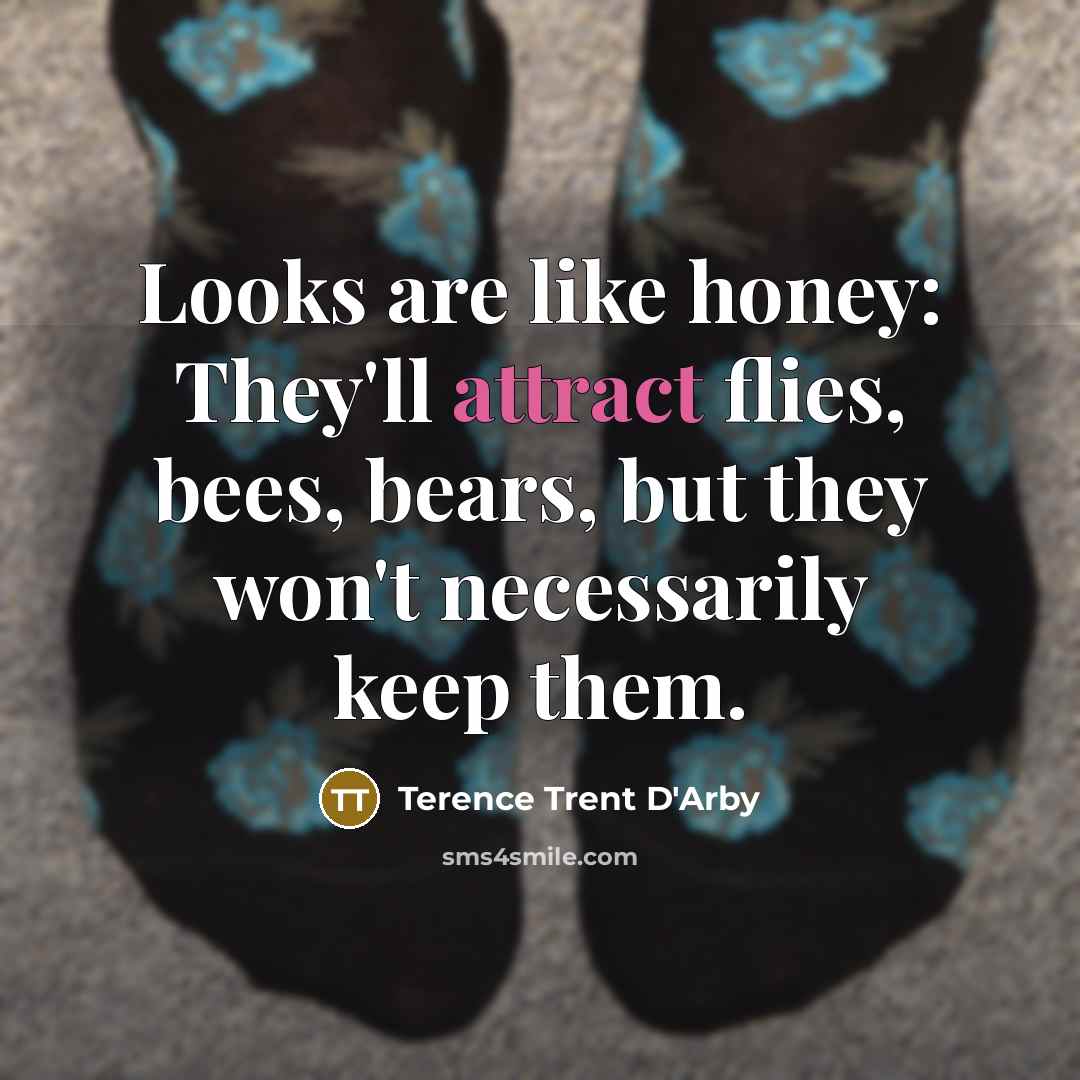 “Looks are like honey: They'll attract flies, bees, bears, but…” quote by Terence Trent D'Arby