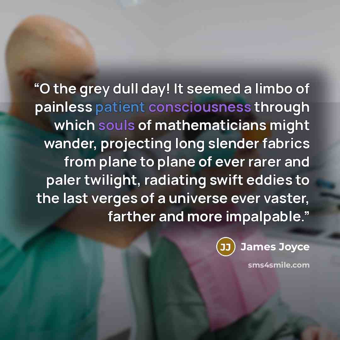“O the grey dull day! It seemed a limbo of painless patient consciousness through which souls of mathematicians might wander, projecting long slender fabrics from plane to plane of ever rarer and paler twilight, radiating swift eddies to the last verges of a universe ever vaster, farther and more…” quote by James Joyce