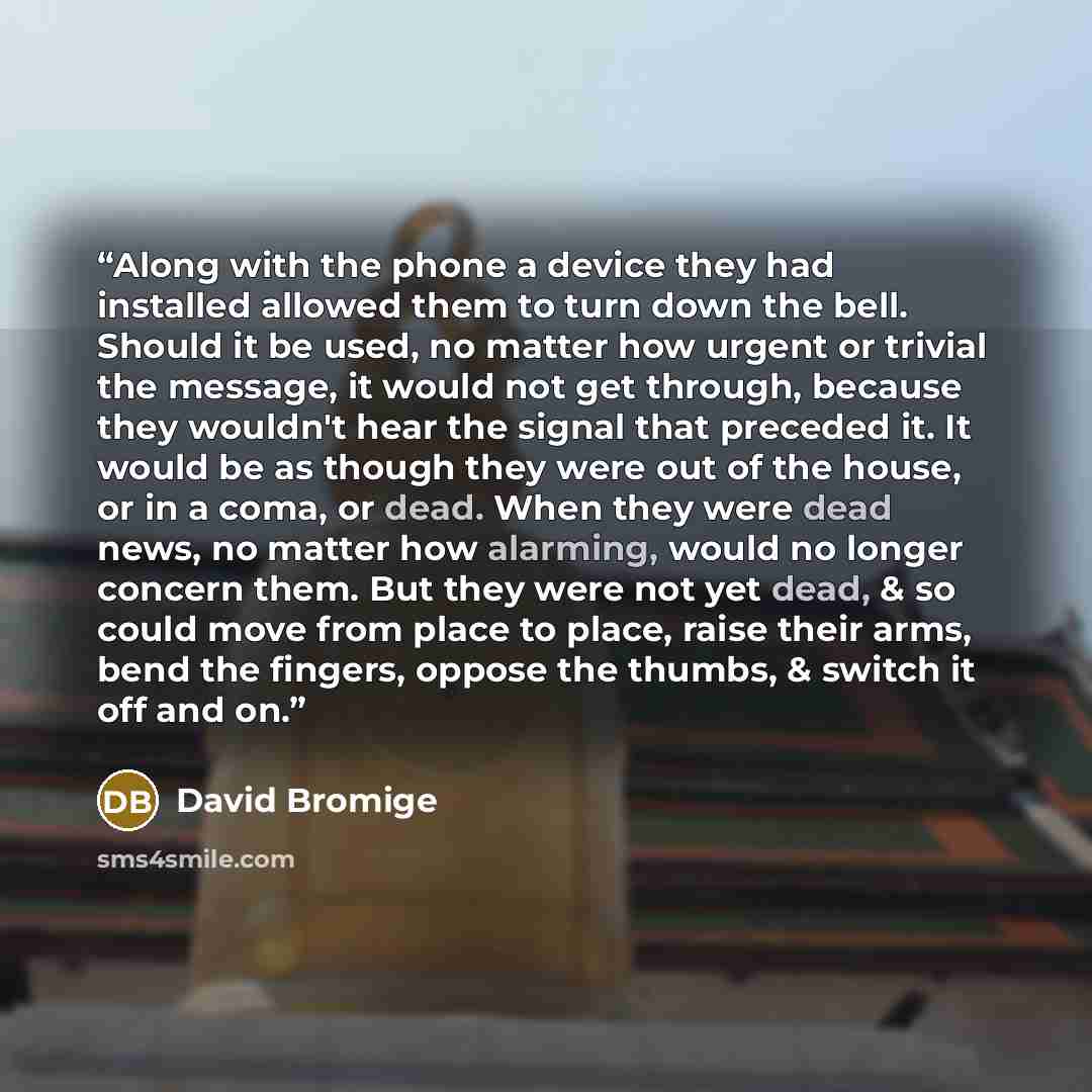 “Along with the phone a device they had installed allowed them to turn down the bell. Should it be used, no matter how urgent or trivial the message, it would not get through, because they wouldn't hear the signal that preceded it. It would be as though they were out of the house, or in a coma, or…” quote by David Bromige