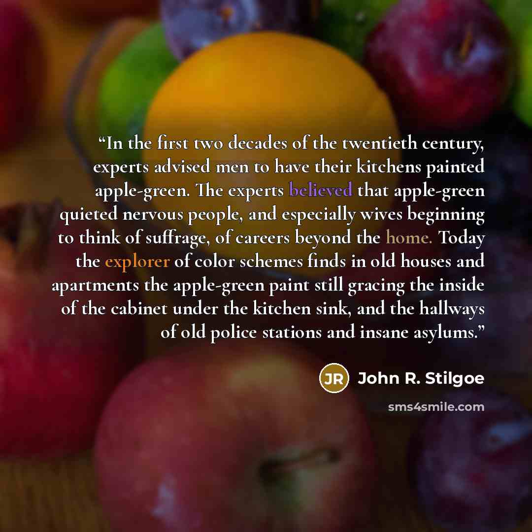 “In the first two decades of the twentieth century, experts advised men to have their kitchens painted apple-green. The experts believed that apple-green quieted nervous people, and especially wives beginning to think of suffrage, of careers beyond the home. Today the explorer of color schemes…” quote by John R. Stilgoe