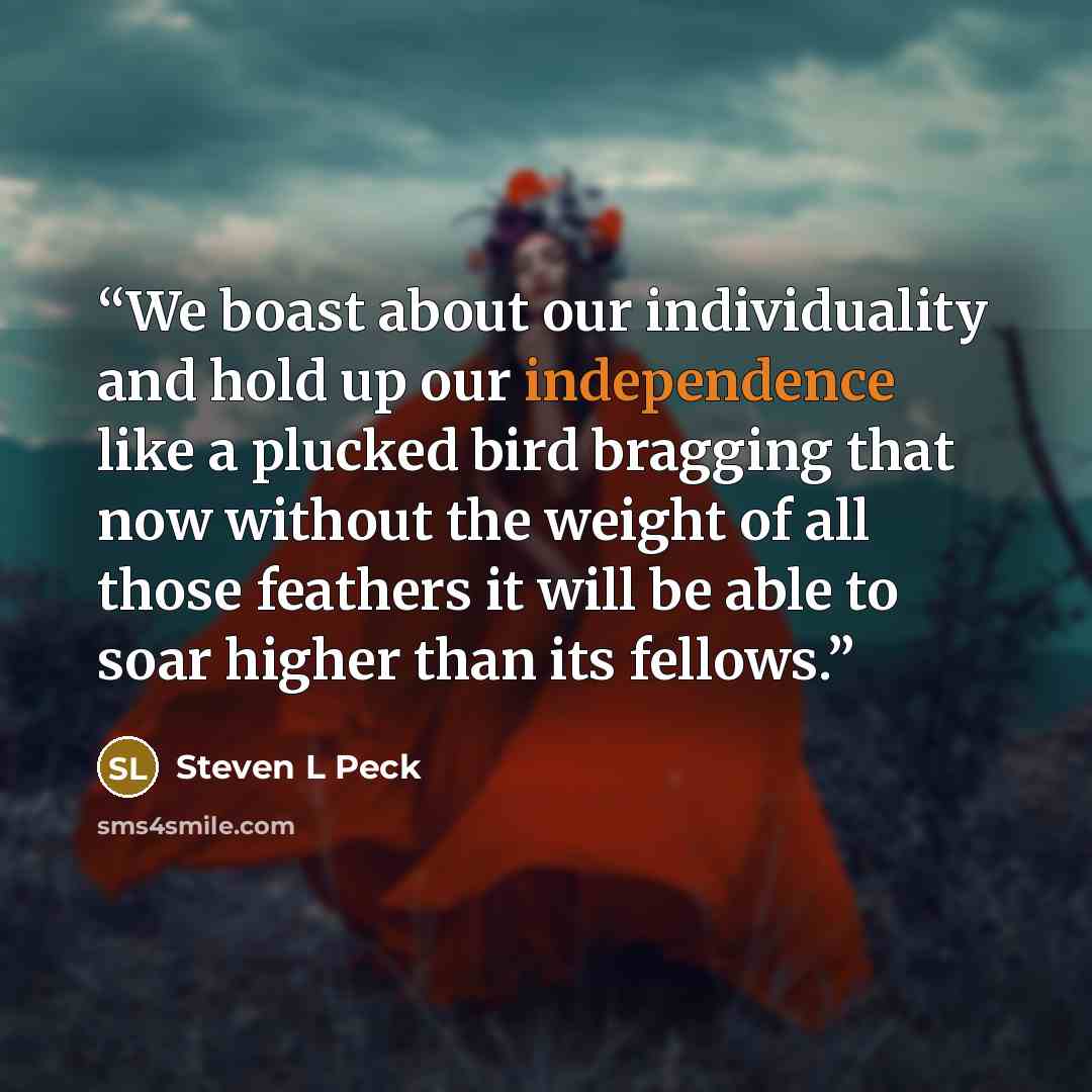 “We boast about our individuality and hold up our independence like a plucked bird bragging that now without the weight of all those feathers it will be able to soar higher than its fellows.” quote by Steven L Peck