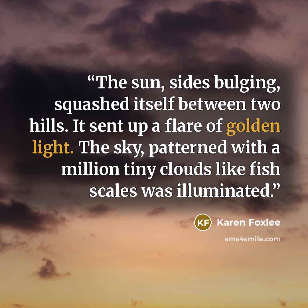 “The sun, sides bulging, squashed itself between two hills. It sent up a flare of golden light. The sky, patterned with a million tiny clouds like fish scales was illuminated.” quote by Karen Foxlee