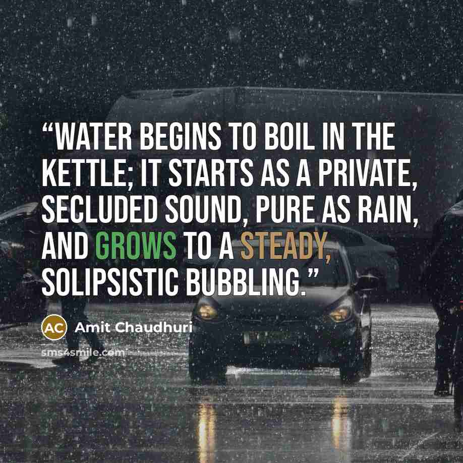 “Water begins to boil in the kettle; it starts as a private, secluded sound, pure as rain, and grows to a steady, solipsistic bubbling.” quote by Amit Chaudhuri