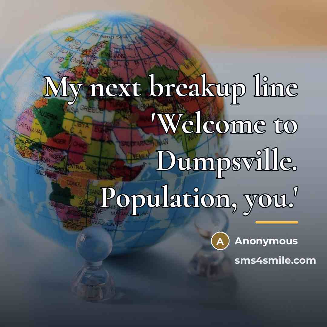 “My next breakup line 'Welcome to Dumpsville. Population, you.'…” quote by Anonymous