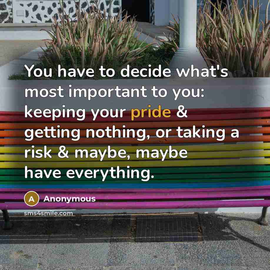 “You have to decide what's most important to you: keeping your pride & getting nothing, or taking a risk & maybe, maybe have everything.” quote by Anonymous