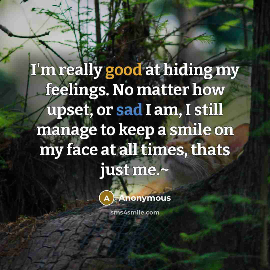 “I'm really good at hiding my feelings. No matter how upset, or sad I am, I still manage to keep a smile on my face at all times, thats just me.~” quote by Anonymous