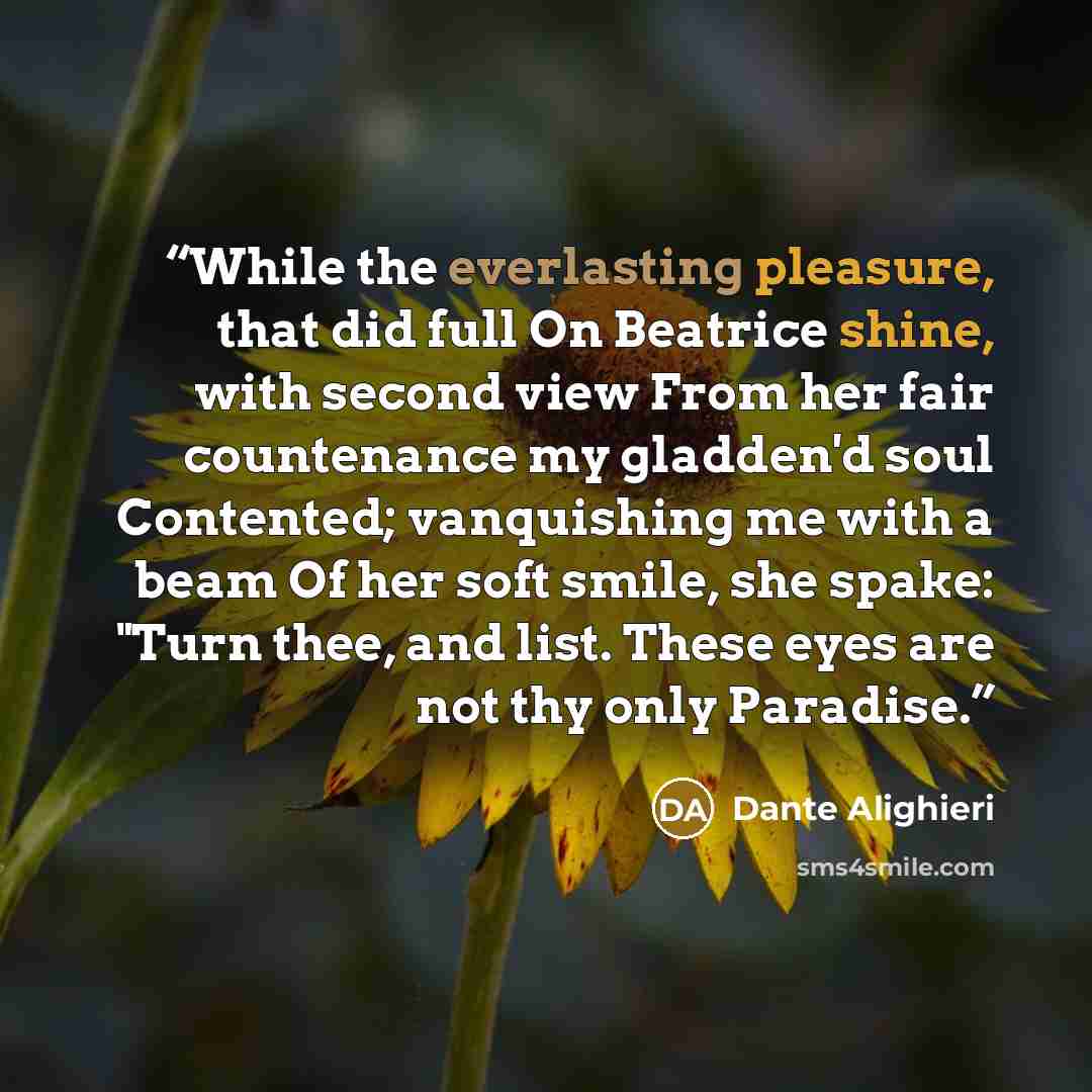 “While the everlasting pleasure, that did full On Beatrice shine, with second view From her fair countenance my gladden'd soul Contented; vanquishing me with a beam Of her soft smile, she spake: "Turn thee, and list. These eyes are not thy only Paradise.” quote by Dante Alighieri