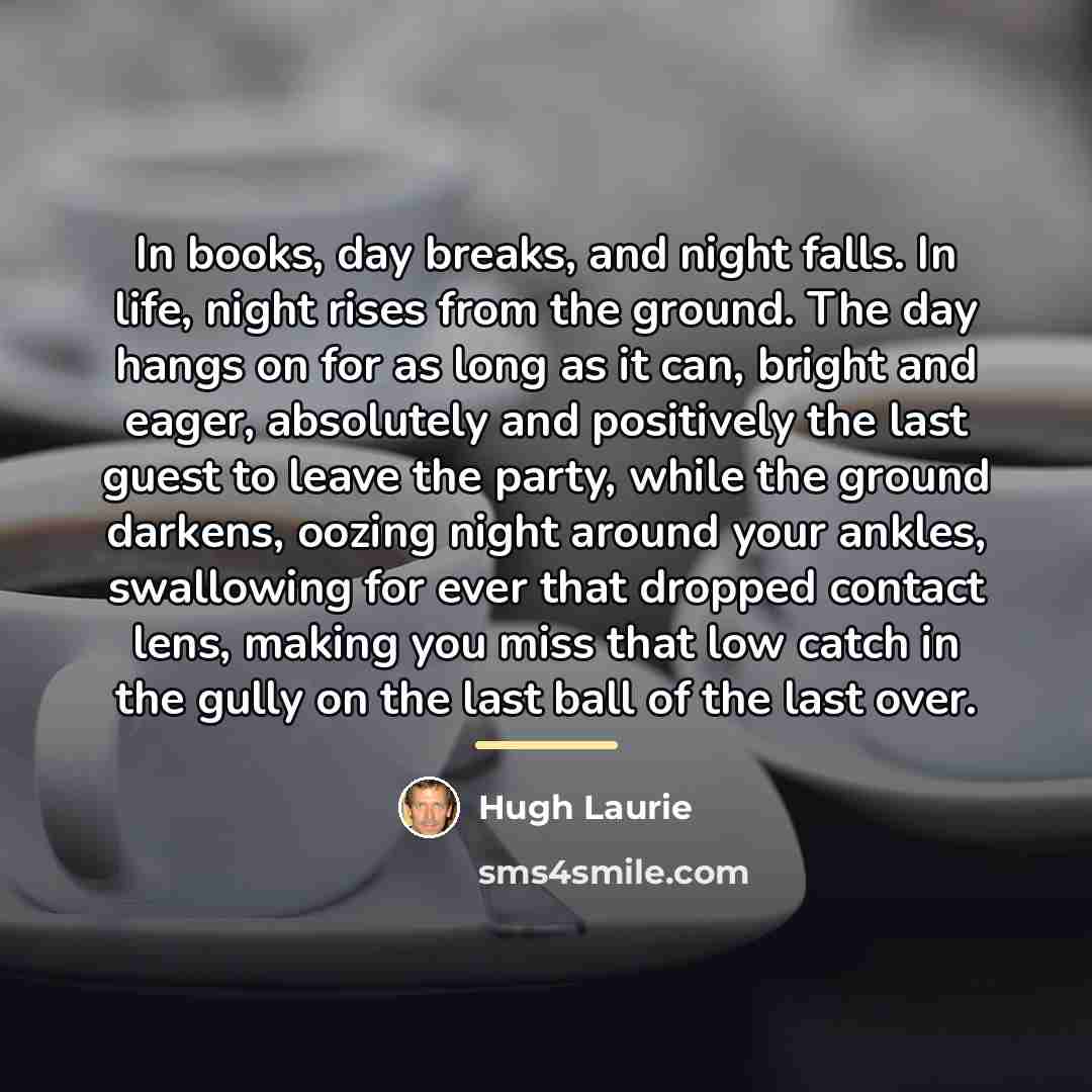 “In books, day breaks, and night falls. In life, night…” quote by Hugh Laurie