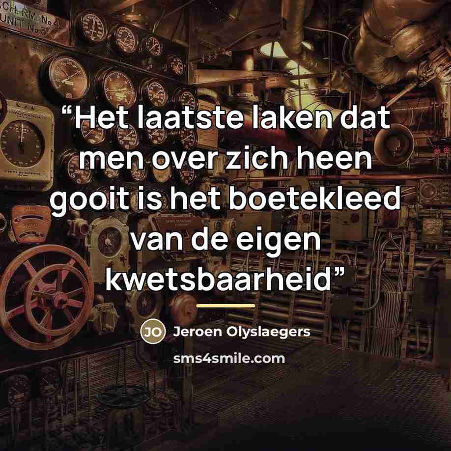 “Het laatste laken dat men over zich heen gooit is het boetekleed van de eigen kwetsbaarheid” quote by Jeroen Olyslaegers