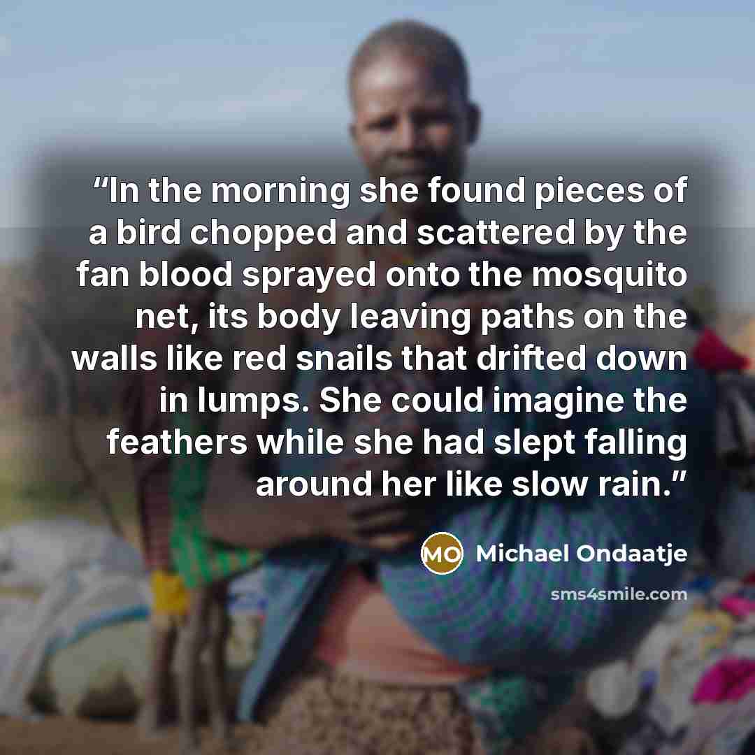 “In the morning she found pieces of a bird chopped and scattered by the fan blood sprayed onto the mosquito net, its body leaving paths on the walls like red snails that drifted down in lumps. She could imagine the feathers while she had slept falling around her like slow rain.” quote by Michael Ondaatje