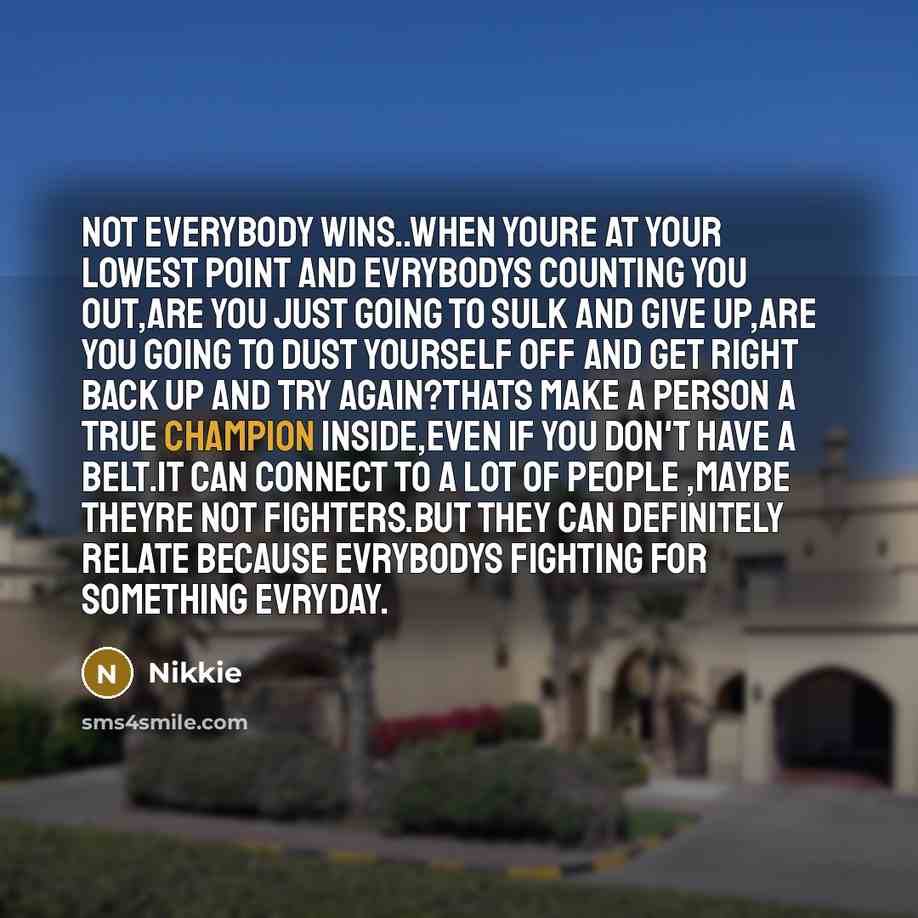 “Not everybody wins..when youre at your lowest point and evrybodys counting you out,are you just going to sulk and give up,are you going to dust yourself off and get right back up and try again?Thats make a person a true champion inside,even if you don't have a belt.It can connect to a lot of…” quote by Nikkie