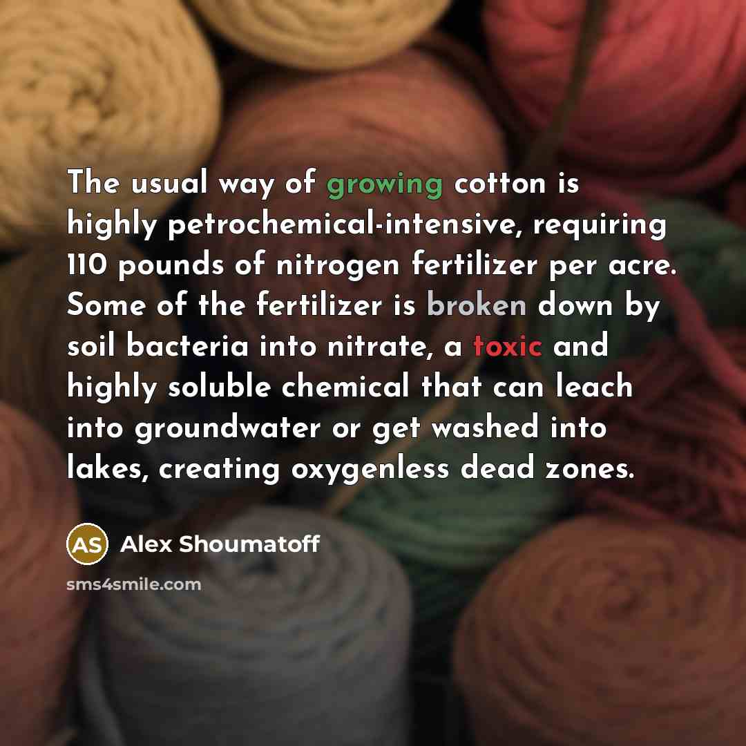 “The usual way of growing cotton is highly petrochemical-intensive, requiring…” quote by Alex Shoumatoff