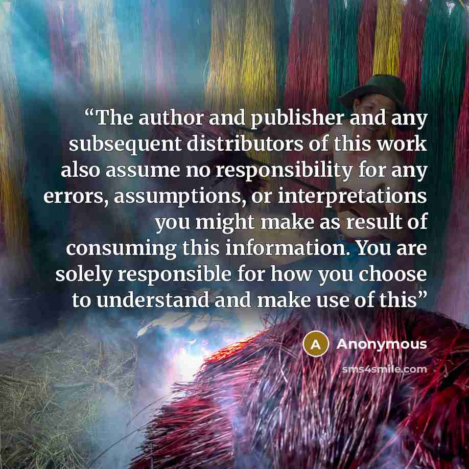 “The author and publisher and any subsequent distributors of this work also assume no responsibility for any errors, assumptions, or interpretations you might make as result of consuming this information. You are solely responsible for how you choose to understand and make use of this” quote by Anonymous