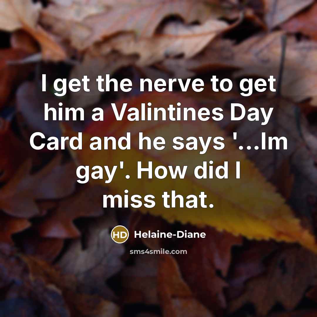 “I get the nerve to get him a Valintines Day Card and he says '...Im gay'. How did I miss that.” quote by Helaine-Diane