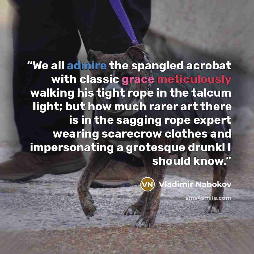 “We all admire the spangled acrobat with classic grace meticulously walking his tight rope in the talcum light; but how much rarer art there is in the sagging rope expert wearing scarecrow clothes and impersonating a grotesque drunk! I should know.” quote by Vladimir Nabokov