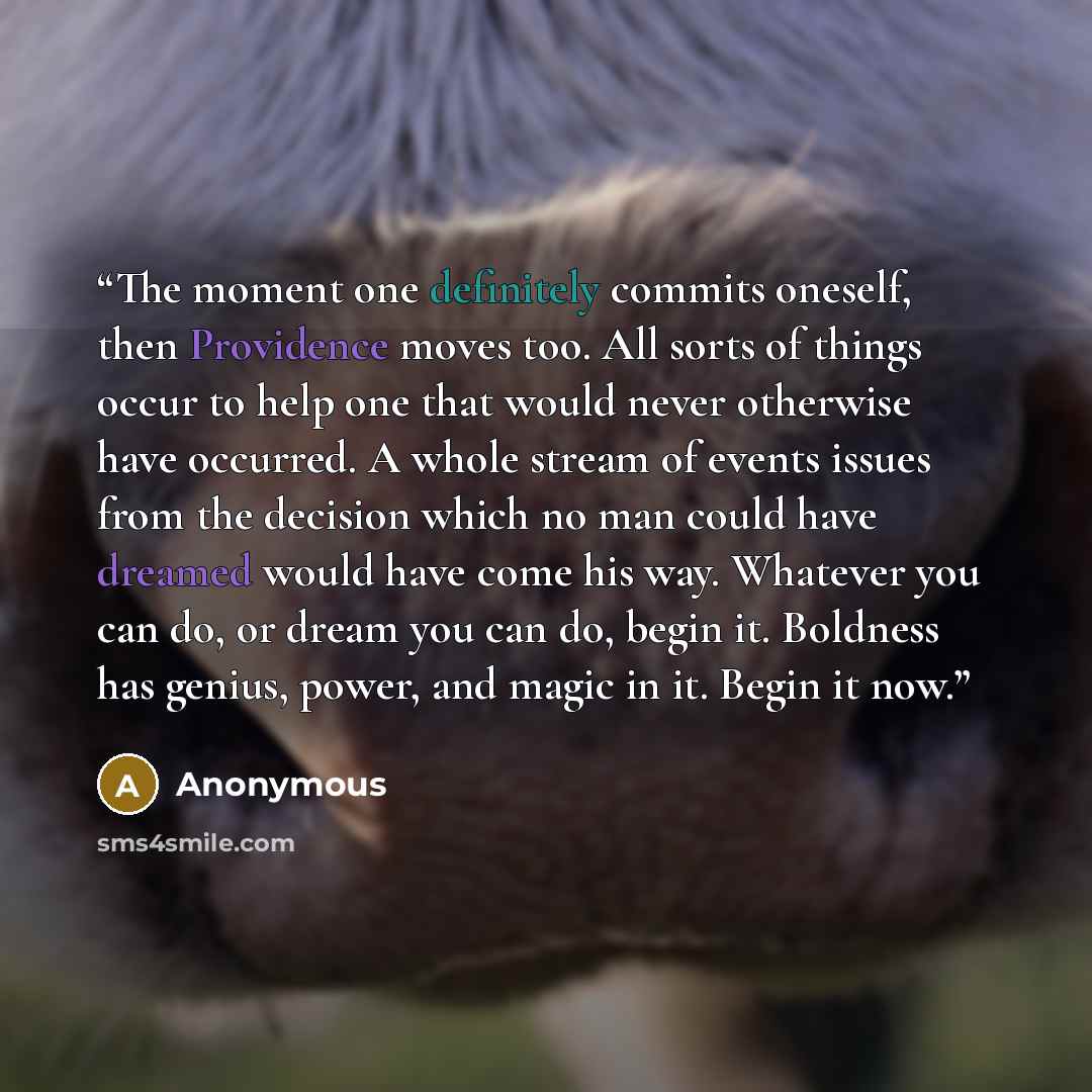 “The moment one definitely commits oneself, then Providence moves too. All sorts of things occur to help one that would never otherwise have occurred. A whole stream of events issues from the decision which no man could have dreamed would have come his way. Whatever you can do, or dream you can do…” quote by Anonymous
