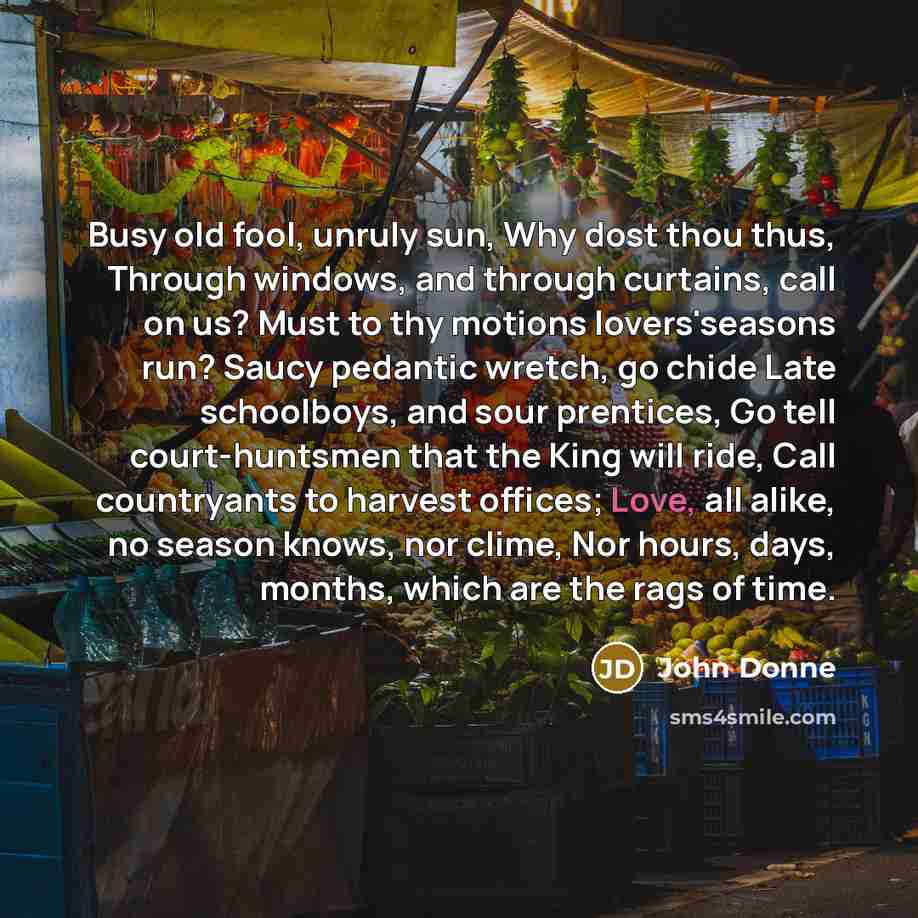“Busy old fool, unruly sun, Why dost thou thus, Through…” quote by John Donne